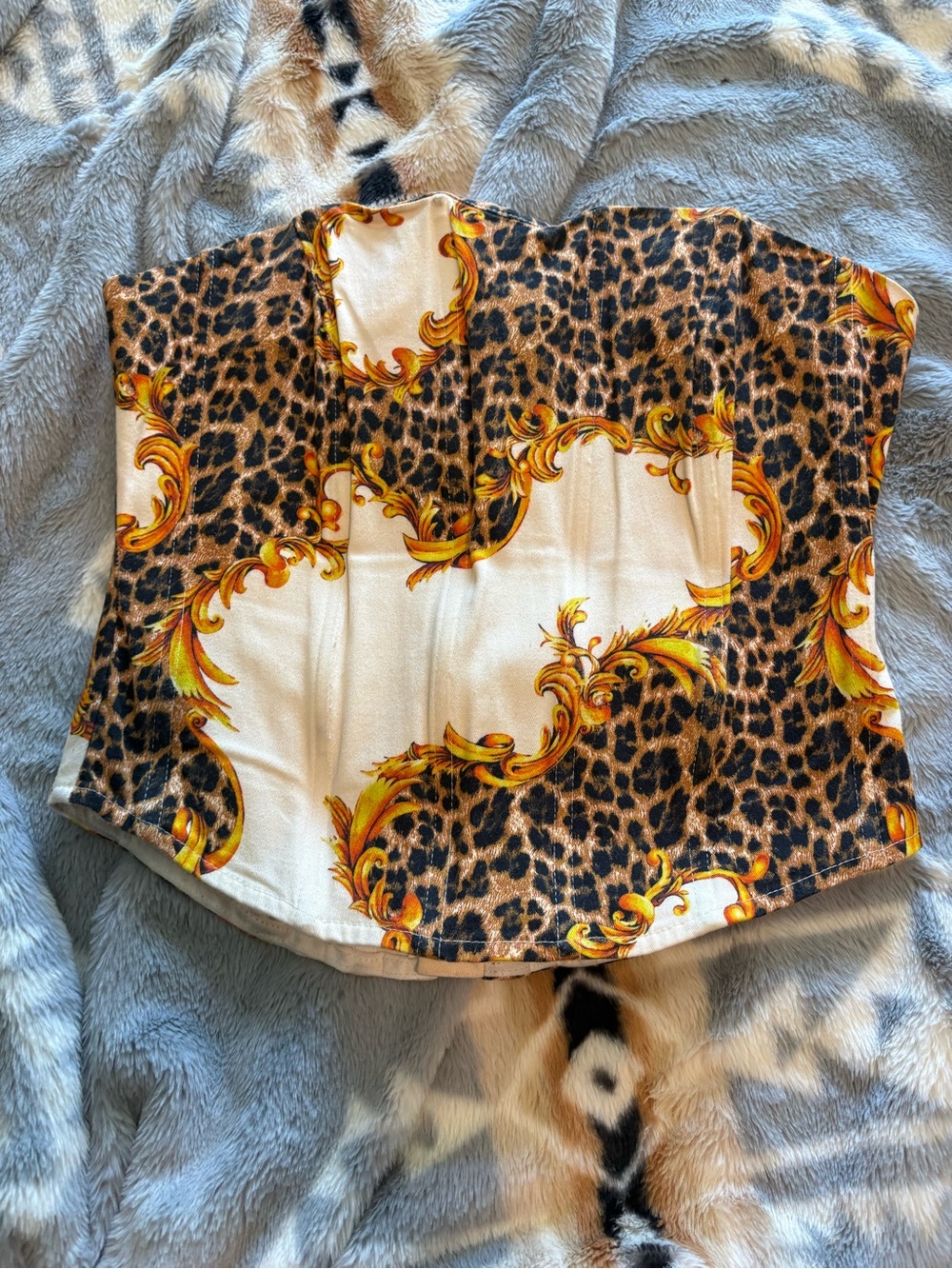 Miaou Cream corset top with Gold Baroque and Leopard Print